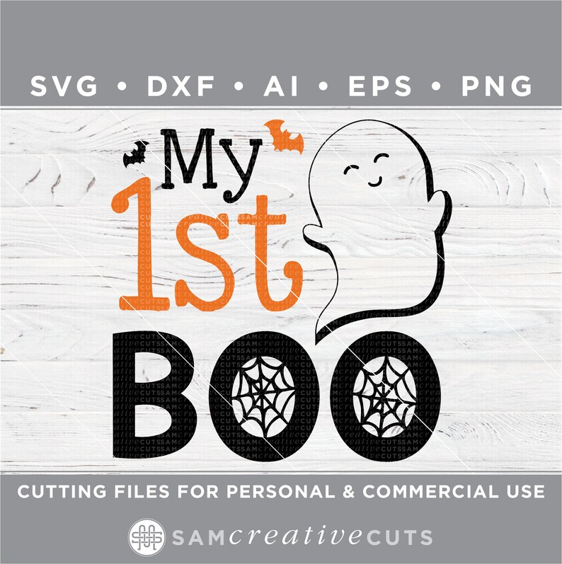 May include: Black and orange Halloween-themed design with the text "My 1st BOO" and a ghost with a spiderweb.