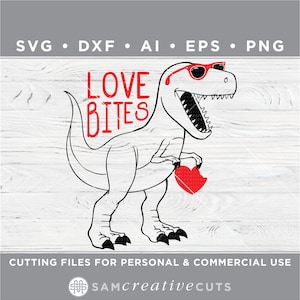 May include: A black and white line drawing of a dinosaur wearing sunglasses and holding a red heart with a bite taken out of it. The text "LOVE BITES" is written above the dinosaur.