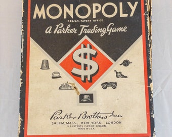 Pezzi di gioco in scatola vintage Monopoli, case di legno, soldi