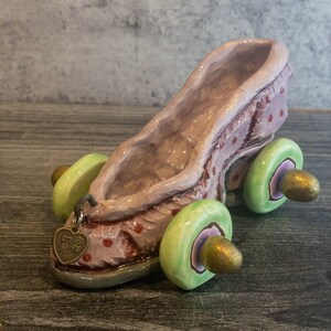 Angela Gallia Ceramic Shoe Sculpture Signed 2002 Whimsical Polka Dot Folk Art Pottery