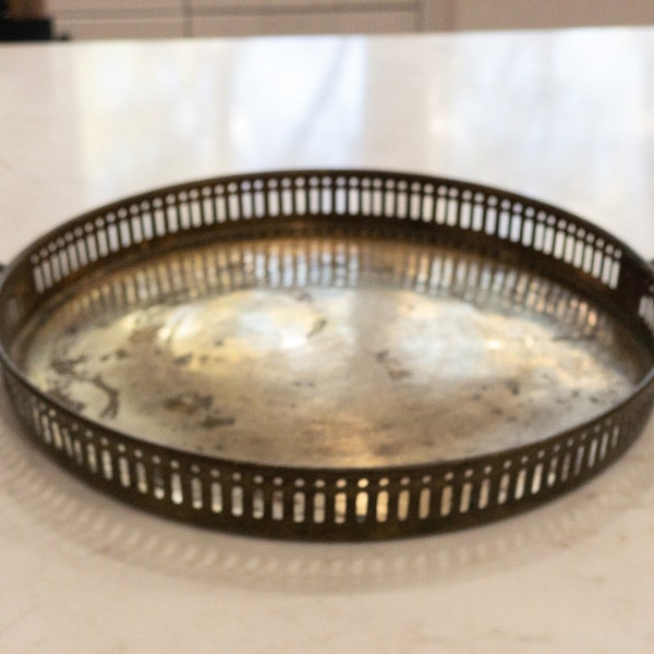 VIntage Round Brass Tray with Floral Handles and Pierced Side Design