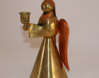 Vintage Brass and Copper Primitive Angel with Taper Candle Holder