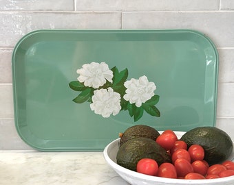Plateaux vintage en métal vert avec motif magnolia - lot de 3