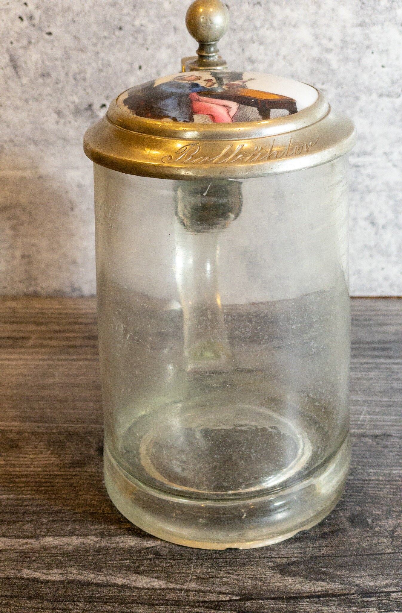 Vintage Glass Beer Stein With Pewter Lid With Painted Ceramic Etsy