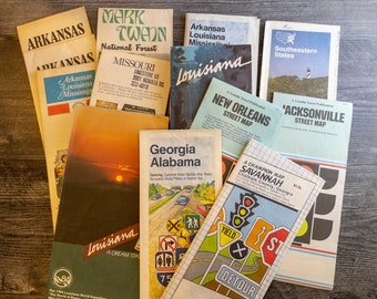 Vintage Paper Road Maps, Georgia, Alabama, Savannah, Jacksonville,Southeastern States, Louisiana, Missouri, Arkansas, Mississippi