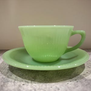 Vintage Fire King 1940's 50's, Jane Ray pattern, Jadeite Coffee cup & saucer