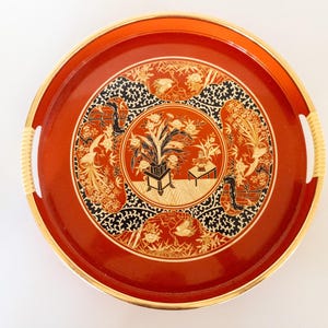 Vintage 1970s Lacquer Ware Orange Chinoiserie Style Round Tray