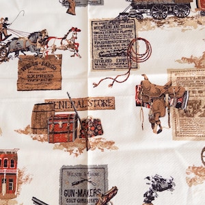Vintage 1950s Western Print Fabric Remnant, Stagecoach, Horses, Saddles
