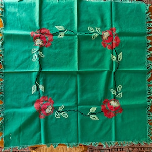 Vintage Green with Red Roses Cross Stitch Square Tablecloth