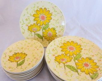 Vintage 1970s Mikasa Meadow Song Dinner, Salad Plates and Saucers, Yellow Flowers 70s Mod Floral C5302