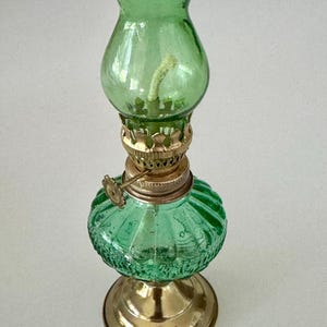 Vintage 1960s Miniature Green Flashed Glass Kerosene Lamp Lantern with Glass Hurricane