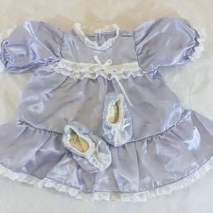 Vintage Pale Lilac Satin and white lace Doll Dress and Booties