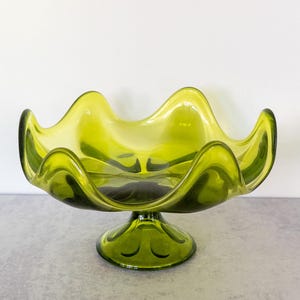 Vintage Mid Century Glass Six Petal Column Avocado Green Footed Compote