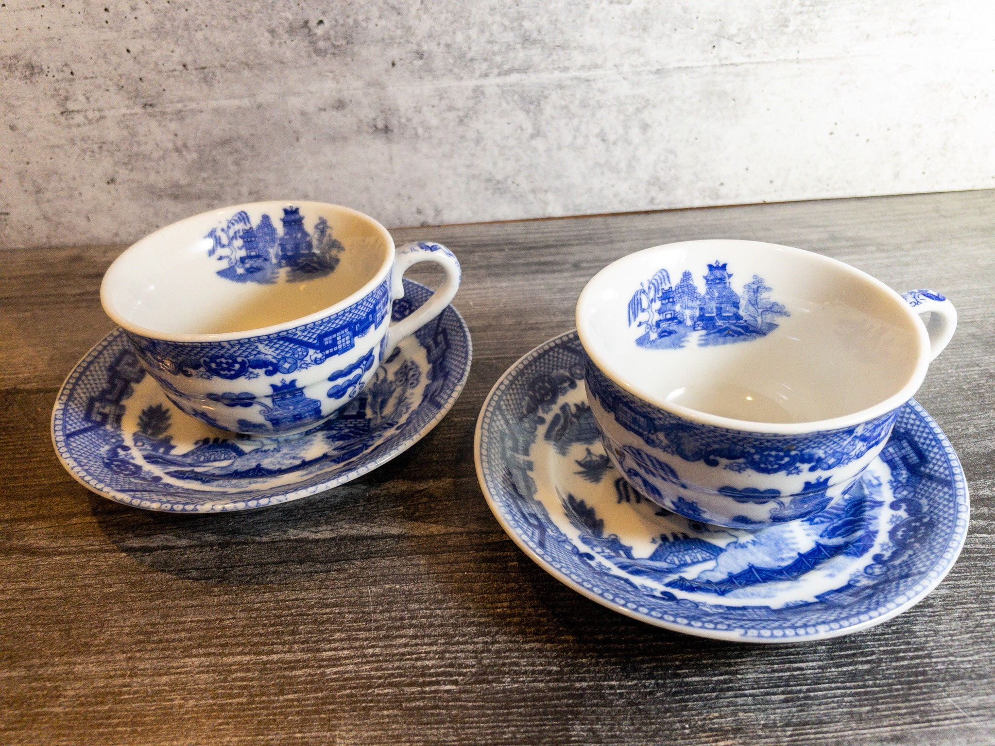 Vintage Blue and White Tea Cups and Saucers, Occupied Japan