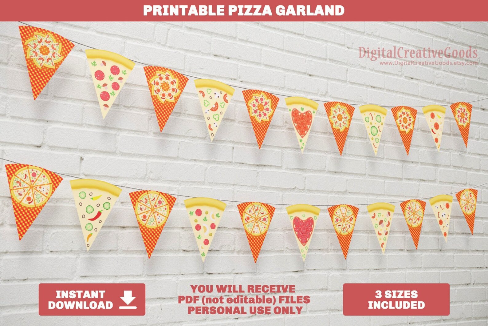 Printable Pizza Party Banner Garland Printable Pizza Flag | Etsy