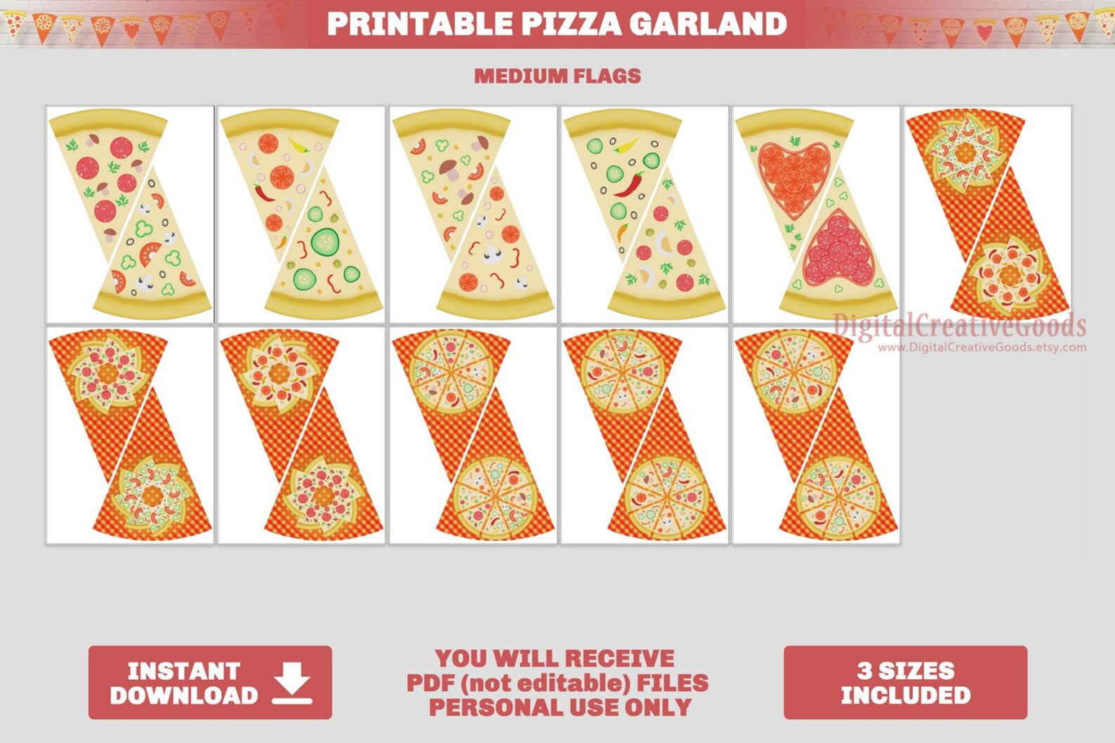 Printable Pizza Party Banner Garland Printable Pizza Flag | Etsy