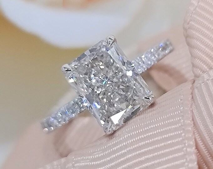 3CT Real Lab Diamond Engagement Ring, 2.5CT Radiant Cut CVD Center, IGI Certified E/F VVS, 14K 18K Platinum, Ethical Luxury Jewelry