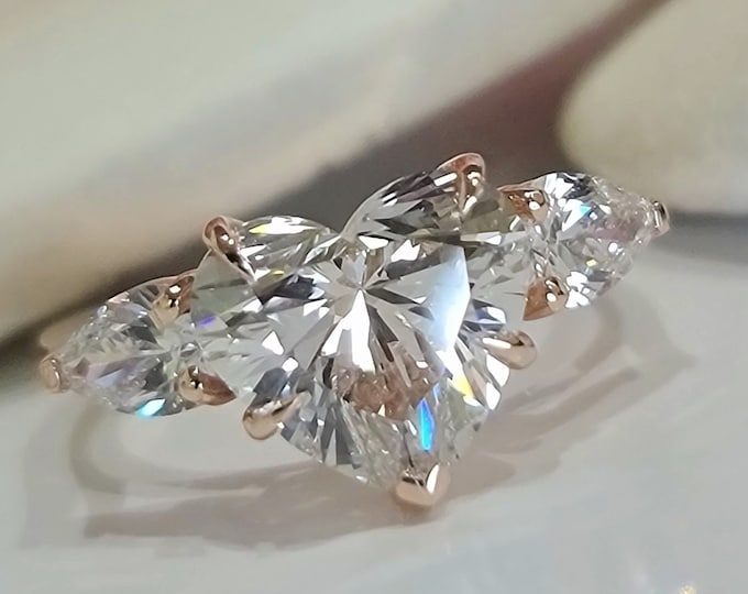 3 Carat Heart Diamond Engagement Ring, 3 Stone Heart Shaped Diamond Ring, CVD Lab Grown IGI Certified, Unique Custom Made Women Jewelry
