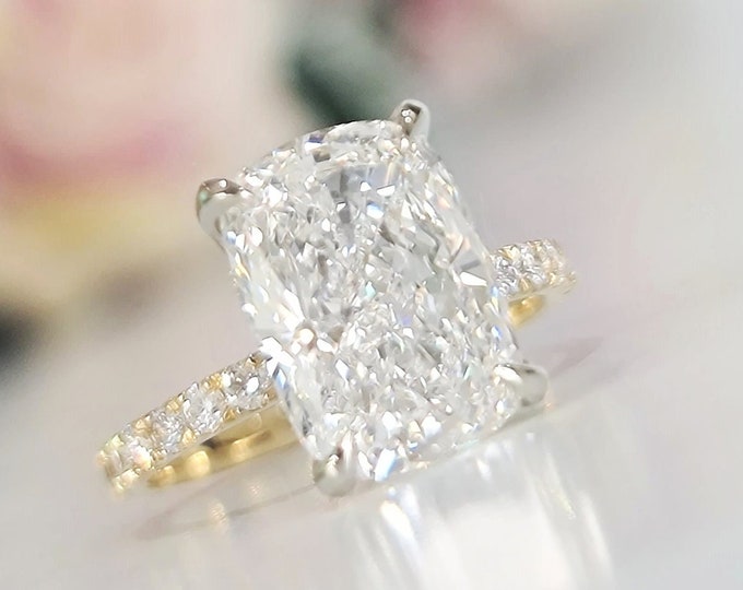 4CT Cushion Cut Lab Grown Diamond Ring, 4.75CT Total, IGI Certified E/F VVS, CVD Diamond, Hidden Halo, Two Tone 14K/18K Gold Engagement Ring