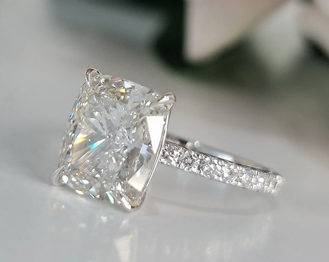 4 Carat elongated cushion Cut IGI Certified CVD Lab Grown Diamond set in a classic diamond Pave setting