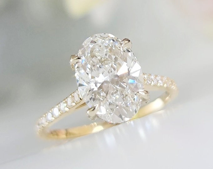 3.10CT Oval Diamond Ring, 2.5CT Lab Grown CVD Center, IGI Certified E/F VVS, Hidden Halo, 14/18K Yellow Gold Ring, Engagement Ring