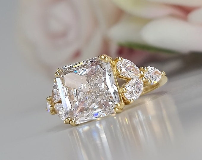 5CT Lab Diamond Ring, 4CT Radiant Cut CVD Center, IGI Certified E/F VVS, Pear Side Stones, 14K 18K or Platinum, Timeless Anniversary Gift