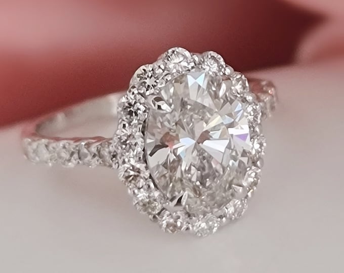 3.6CT Oval Cut Lab Diamond Engagement Ring, 2.5CT Oval CVD Center, IGI Certified E/F VVS, Halo Design, 14K 18K Platinum, Ethical Luxury
