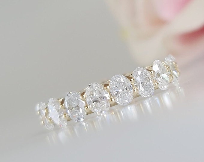 3.80 Carats oval cut CVD Lab grown Diamonds Full Eternity 14K yellow gold U prong Wedding Band