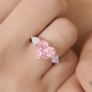 Heart Shaped Diamond Engagement Ring, IGI Certified, Three Stone Ring, 3CT Pink Heart Cut CVD Lab Grown Diamond, Heart Diamond Ring, 14/18KT