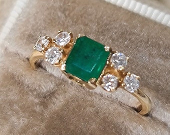 Emerald & Diamond Ring: 14k Yellow Gold, May Birthstone