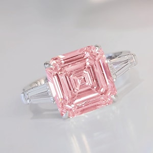 5 Carat Square Cut Diamond Engagement Ring, Lab Grown Diamond Engagement Ring, 3 Stone Ring, CVD Diamond Ring, IGI Certified, Pink Diamond
