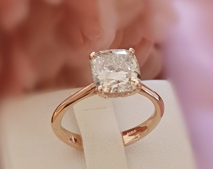 Hidden halo 3 Carat Cushion Cut IGI certified CVD lab grown diamond solitaire Rose Gold Engagement Ring