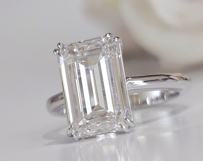 5 CARAT Emerald Cut CVD lab grown diamond set in a classic double prong setting