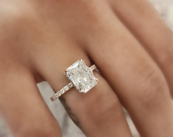 14k Rose Gold Unique invisible gallery and hidden halo 3 Carat Radiant Cut IGI Certified CVD lab grown diamond Engagement Ring