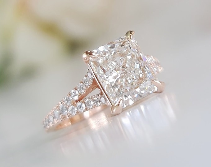 3.65CT Radiant Cut Lab Diamond Ring, 3CT CVD Center, IGI Certified E/F VVS, Rose Gold Engagement Ring, Ethical Made Bridal Luxury
