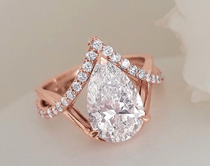 3.50CT Total Pear Cut Lab Diamond Ring, IGI Certified 3CT CVD Center, E/F VVS, 14K Rose Gold, Luxe Bridal Jewelry, Ethical Luxury