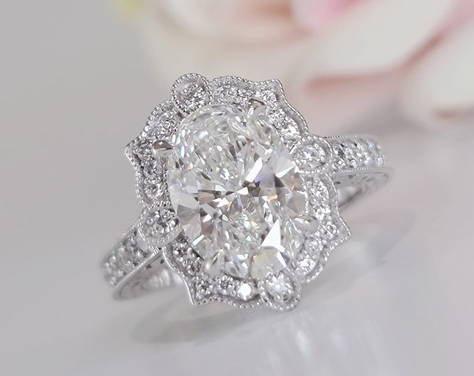 2.80CT Vintage Lab Diamond Engagement Ring, 2.50CT Oval CVD Center, IGI Certified E/F VVS, 14K 18K or Platinum, Heirloom Inspired