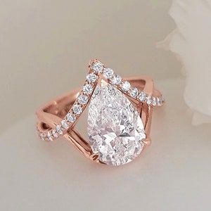 Unique Pear shaped CVD diamond Engagement ring | 3CT Pear Cut Lab Diamond Ring |  14K Rose Gold Ring | 3 carat pear shaped | IGI Certified