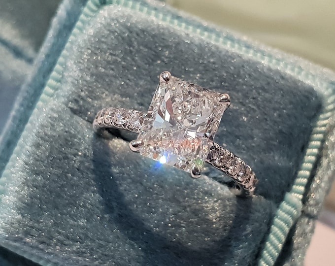 3 Carat elongated radiant Cut IGI Certified CVD Lab Grown Diamond set in a classic diamond Pave setting