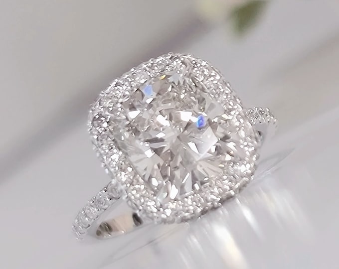 4CT Cushion Cut Lab Grown Diamond Ring, 3CT CVD Center, IGI Certified E/F VVS, Double Halo, 14K/18K Gold Engagement Ring