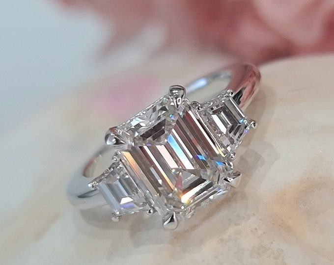 3 Stone Emerald Cut Lab Diamond Ring | 2.50ct CVD VVS Center | IGI Certified | Trapezoid Side Stones | Real Lab Grown Engagement Ring
