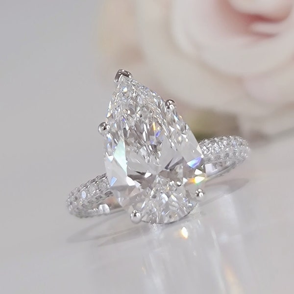 5 Carat Teardrop Diamond Engagement Ring - Pear Cut, Lab Grown CVD Diamond, IGI Certified F VS1, Elegant Bridal Jewelry