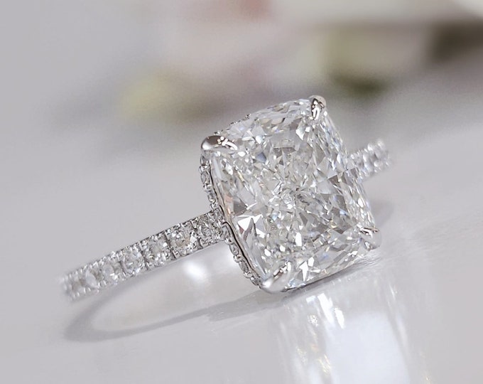 3.50ct Cushion Cut Hidden Halo Ring - Invisible Gallery, 3ct Center F VS1 Cushion, IGI Certified CVD Lab Grown Diamond Engagement Ring
