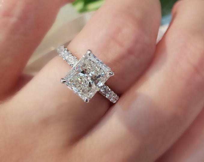 3 Carat elongated radiant Cut IGI Certified CVD Lab Grown Diamond set in a classic diamond Pave setting