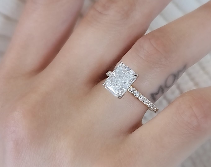 CVD Lab Diamond Engagement Ring, 3CT Radiant Cut Center, 3.50CT Total, E/F VVS, IGI Certified, 14K 18K Two Tone Gold, Ethical Jewelry