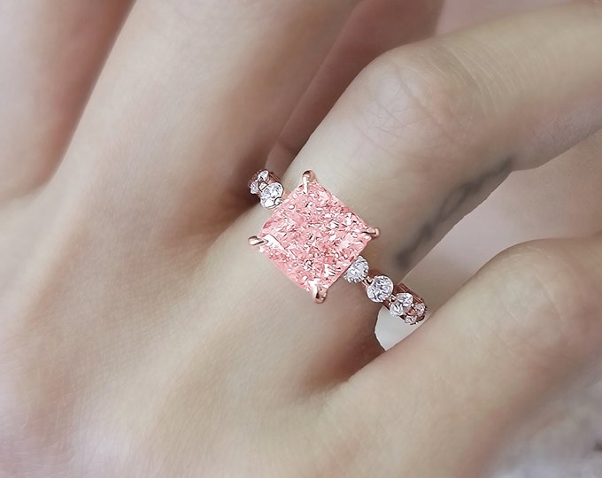 18K Rose Gold Pink Cushion Diamond Ring | 4CT CVD Center | 2.70CT Band E VVS | Total 6.70CT | IGI Certified | Ethical