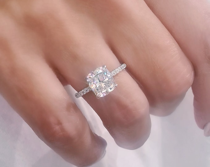 2.5 Carat Cushion Cut IGI certified CVD Lab Grown Diamond set in a classic diamond pave band setting