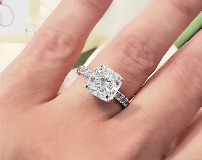 3 Carat Cushion Cut IGI Certified CVD Lab Grown Diamond low profile Engagement Ring with diamond pave setting