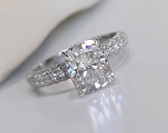 2.50 Carat Cushion Cut IGI Certified CVD lab grown diamond set in a unique multi stone diamond setting