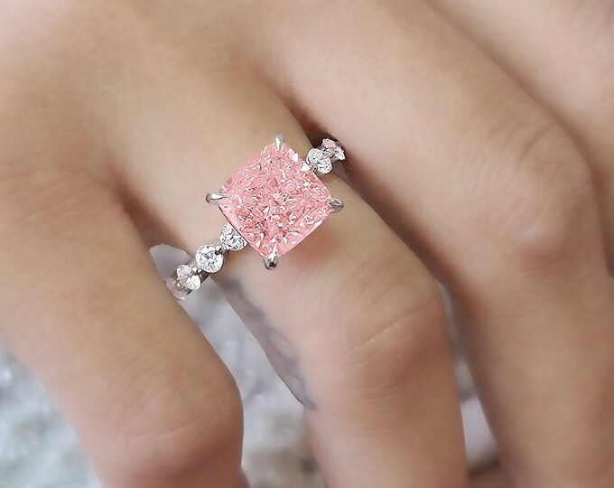 18K White Gold Pink Cushion Diamond Ring | 4CT CVD Center Stone | 2.70CT Band E VVS | IGI Certified | 6.70CT Total | Ethical Luxury